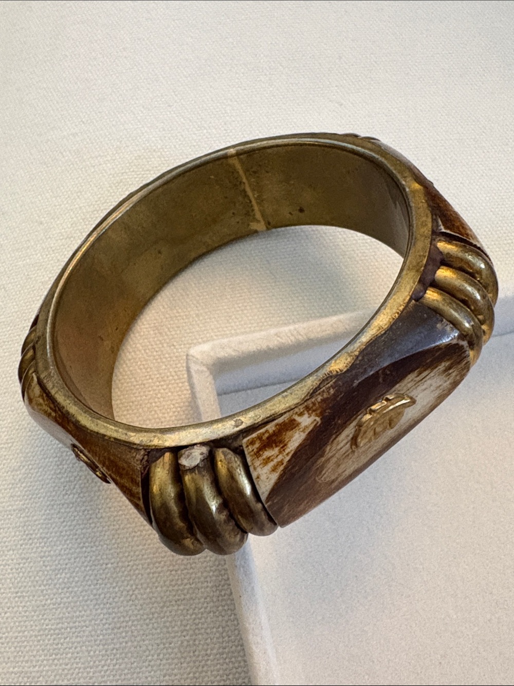 Vintage Bone with Brass Leaves Inlay Bangle Bracelet